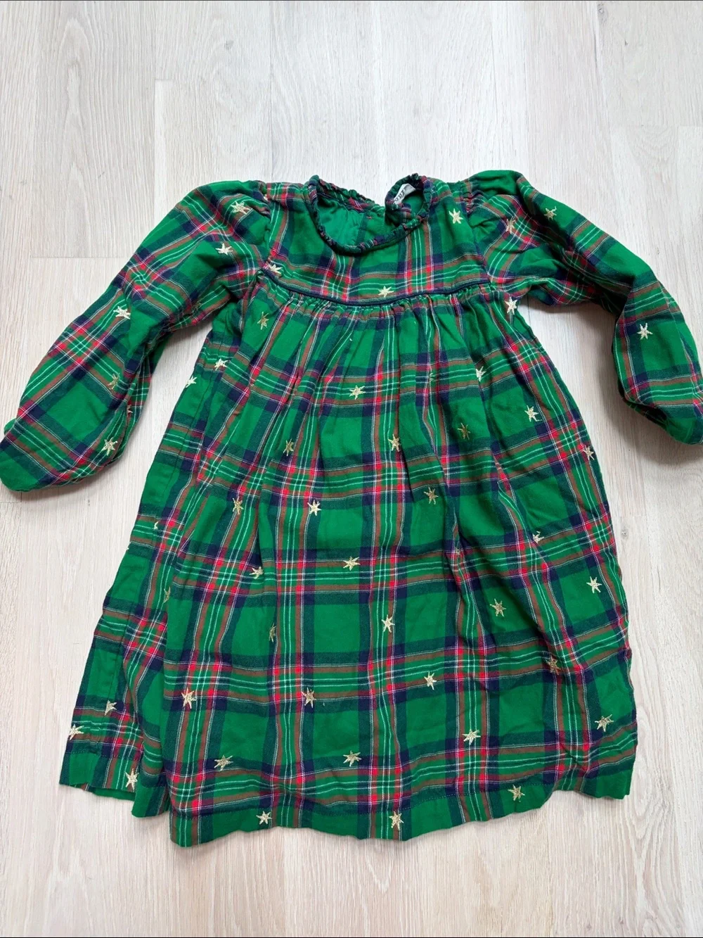 Mini Boden Green Plaid Long-Sleeve Dress with Gold Stars